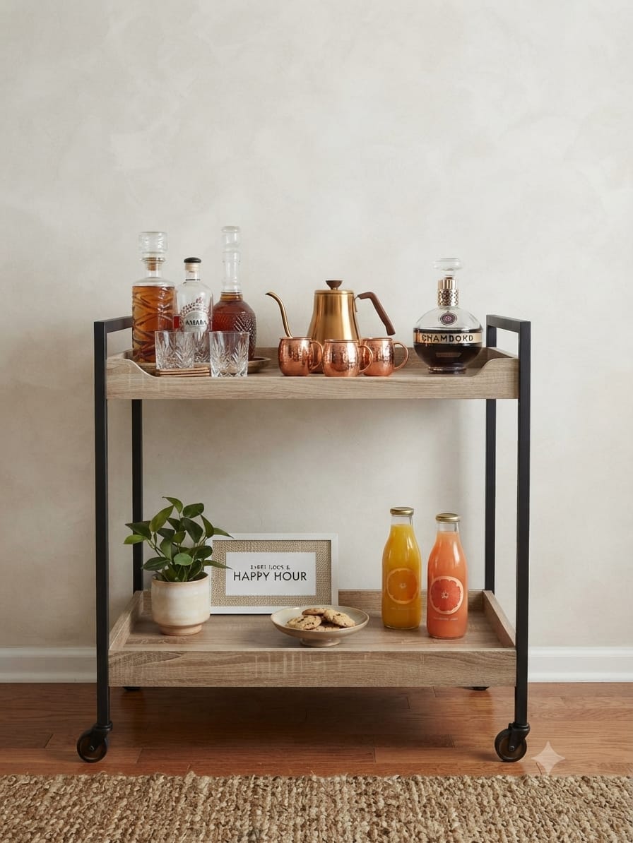 Industrial kitchen serving trolley cart with wood shelves and 60cm width, featuring metal frame and sturdy design.