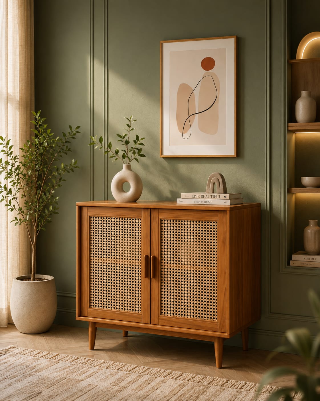 Premium Sheesham Wood Rattan Storage Cabinet