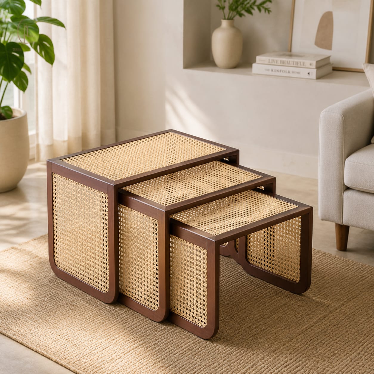 Premium 3-Piece Wooden Nesting Coffee Table Set with Rattan Finish