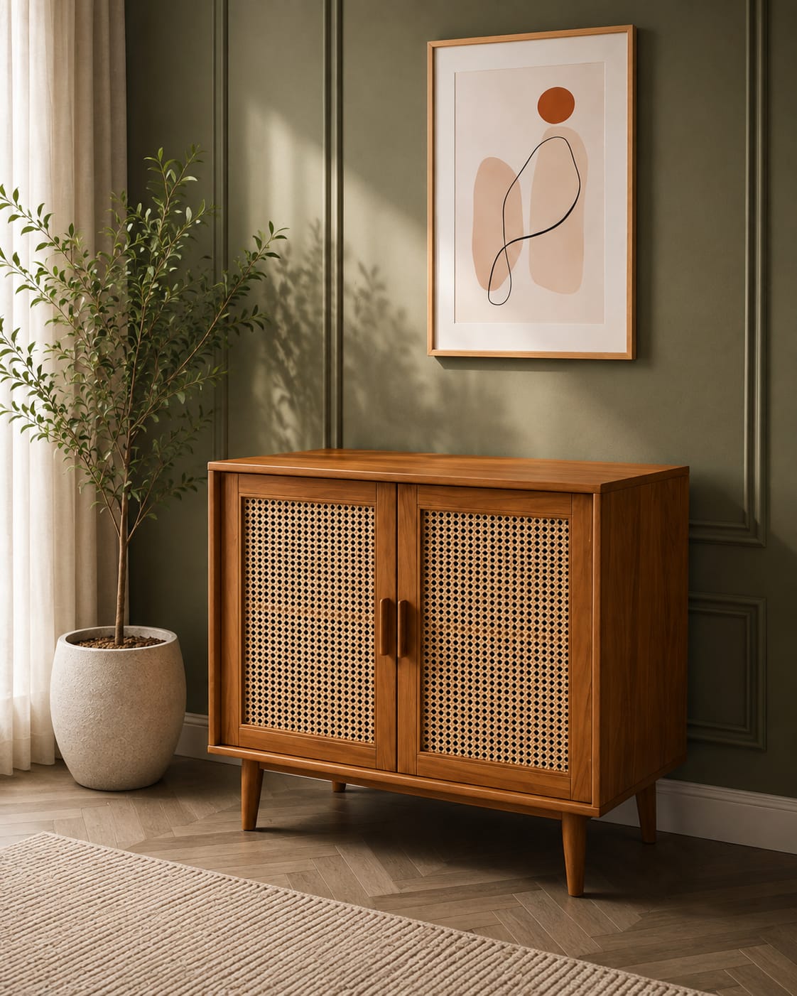Premium Sheesham Wood Rattan Storage Cabinet