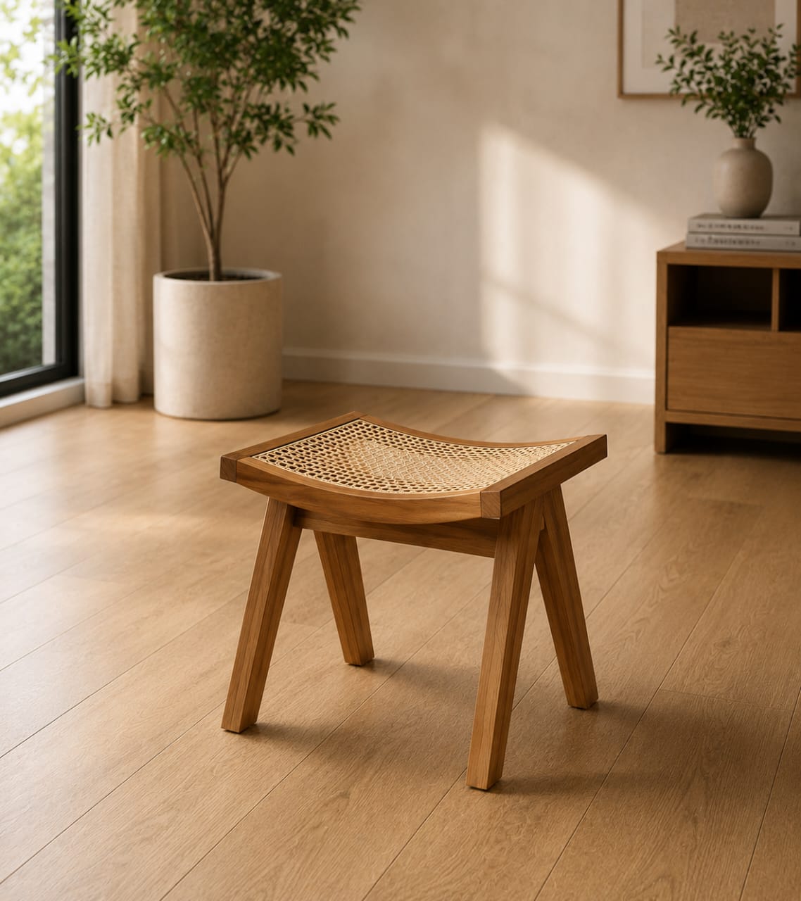 Premium Solid Sheesham Wood Rattan Stool