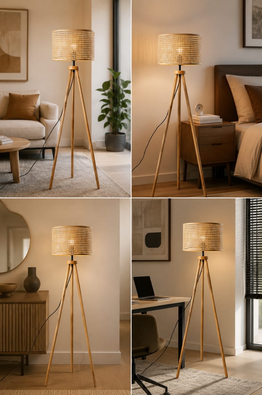 Modern Rattan Floor Lamp with Wooden Tripod Base