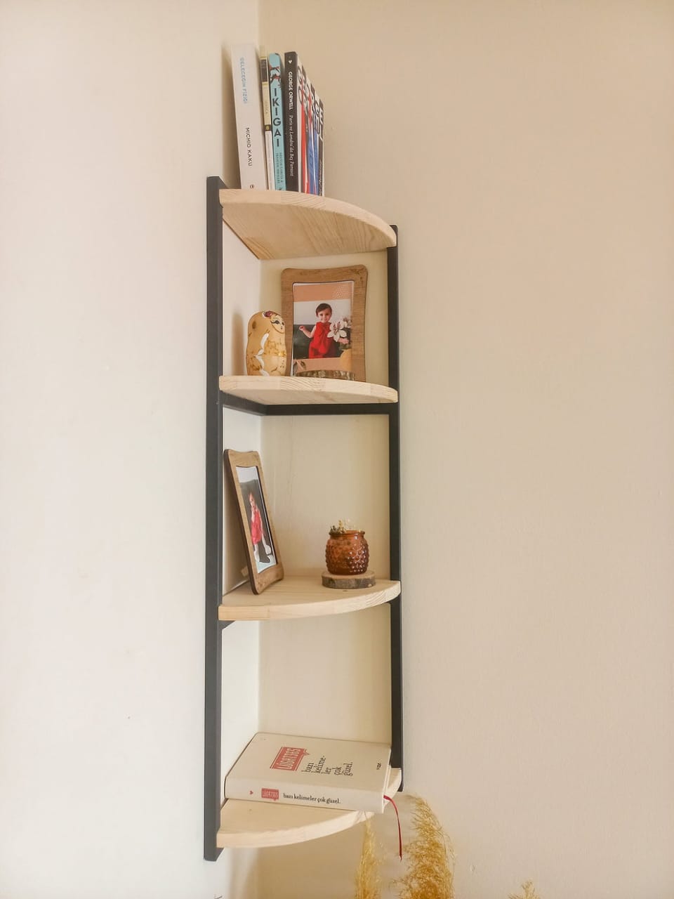 Modern 4-Tier Corner Wall Shelf | Solid Wood & Metal Floating Corner Display Rack