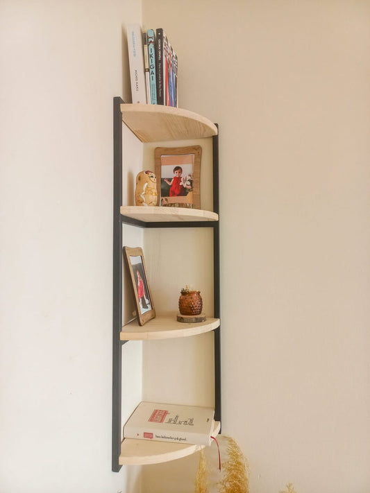 Modern 4-Tier Corner Wall Shelf | Solid Wood & Metal Floating Corner Display Rack
