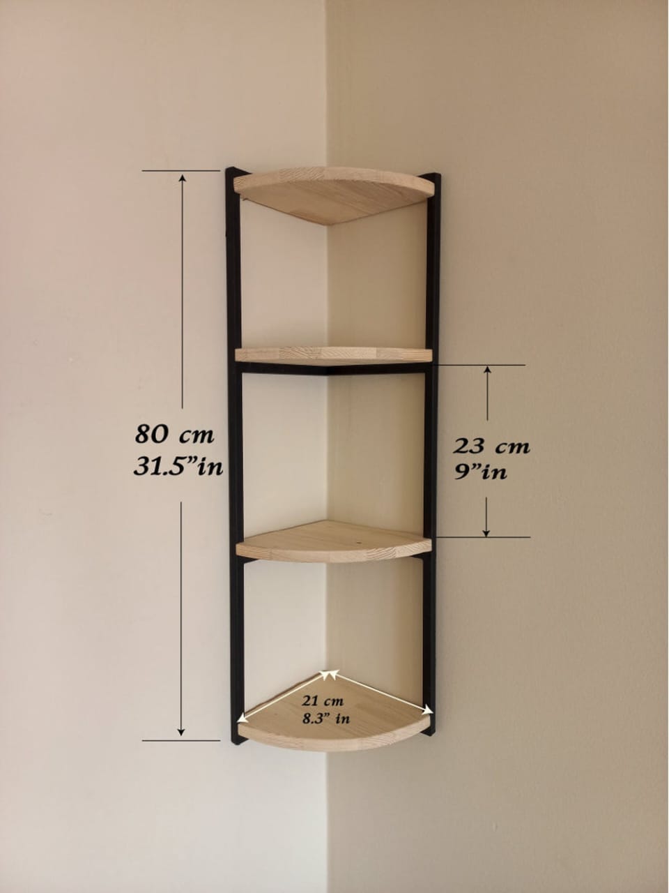 Modern 4-Tier Corner Wall Shelf | Solid Wood & Metal Floating Corner Display Rack