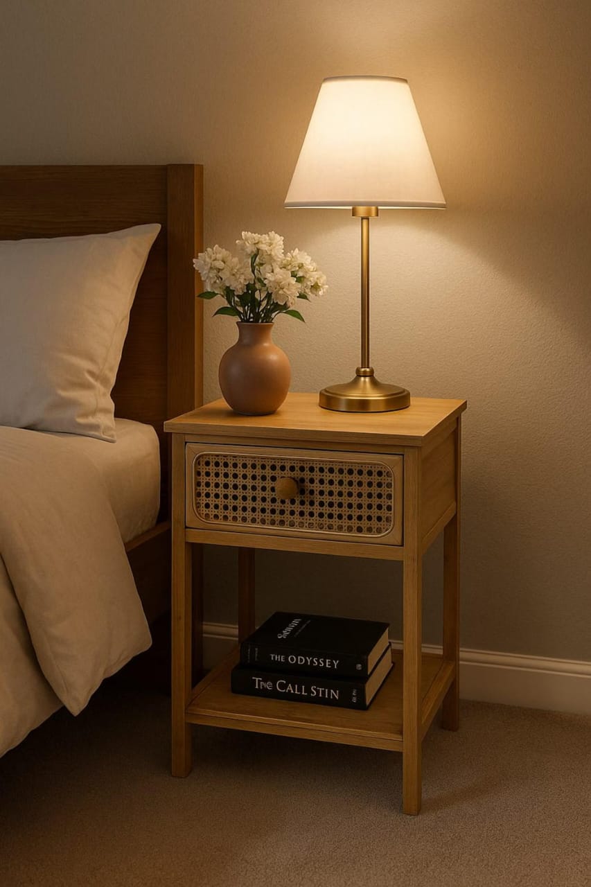 Premium Rattan Bedside Table | Solid Wood Nightstand with Handwoven Cane Drawer