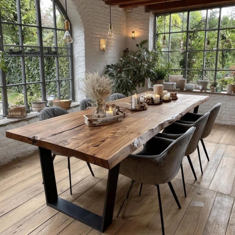 Premium Sheesham Wood Live Edge Dining Table | Handmade Solid Wood Dining Table with Industrial Metal Legs