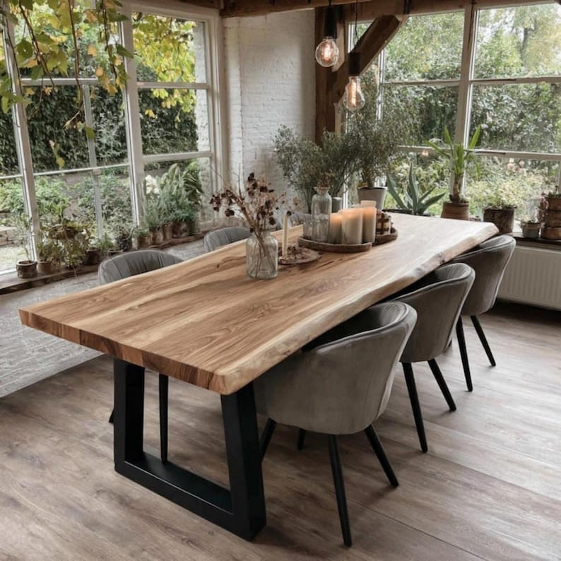 Premium Sheesham Wood Live Edge Dining Table | Handmade Solid Wood Dining Table with Industrial Metal Legs