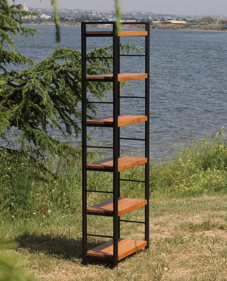 Industrial 6-Tier Ladder Bookshelf with Solid Wood Shelves & Metal Frame