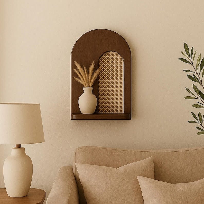 Modern Wooden Wall Shelf with Rattan Accent