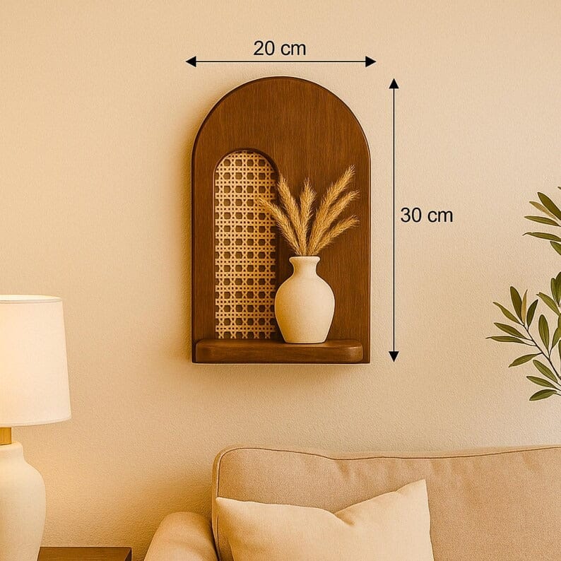 Modern Wooden Wall Shelf with Rattan Accent
