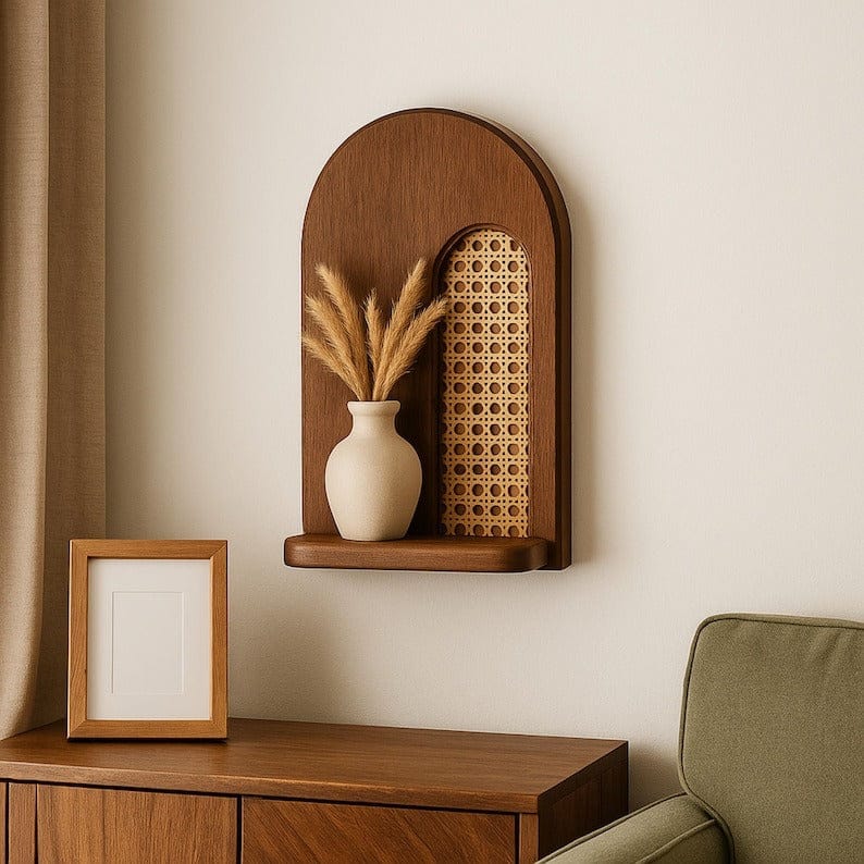 Modern Wooden Wall Shelf with Rattan Accent