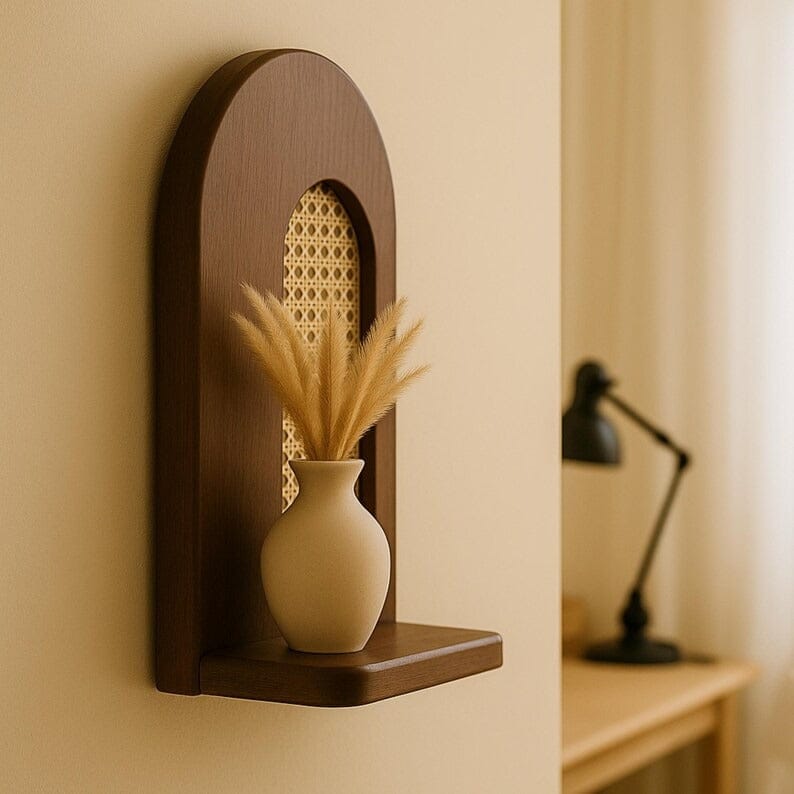Modern Wooden Wall Shelf with Rattan Accent
