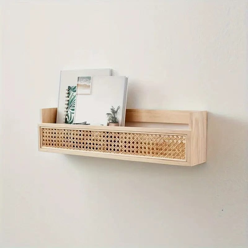 Modern Wall-Mounted Wooden Shelf with Handwoven Cane Front