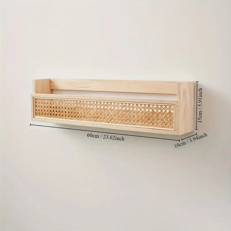 Modern Wall-Mounted Wooden Shelf with Handwoven Cane Front