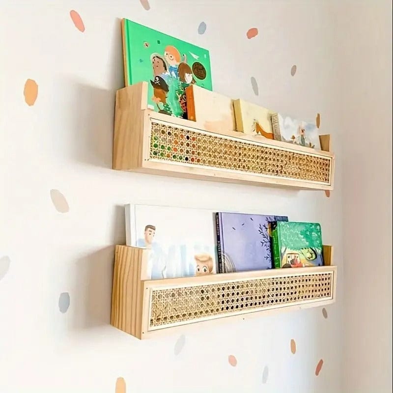 Modern Wall-Mounted Wooden Shelf with Handwoven Cane Front