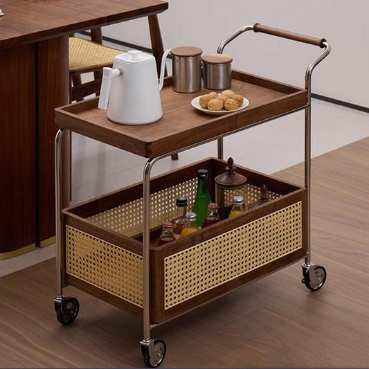 Luxury 2-Tier Wooden Serving Trolley with Rattan Storage Basket & Wheels