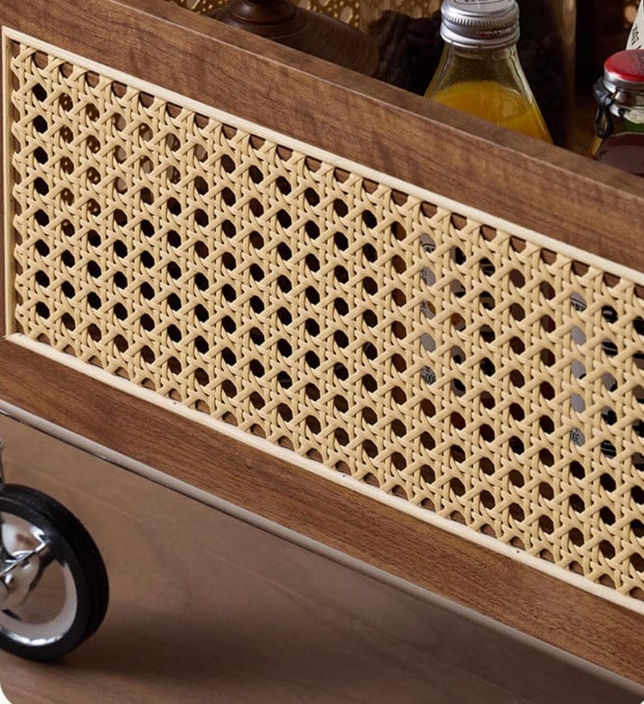 Luxury 2-Tier Wooden Serving Trolley with Rattan Storage Basket & Wheels