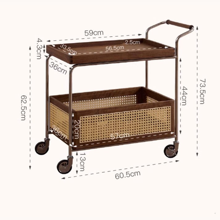 Luxury 2-Tier Wooden Serving Trolley with Rattan Storage Basket & Wheels