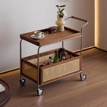 Luxury 2-Tier Wooden Serving Trolley with Rattan Storage Basket & Wheels