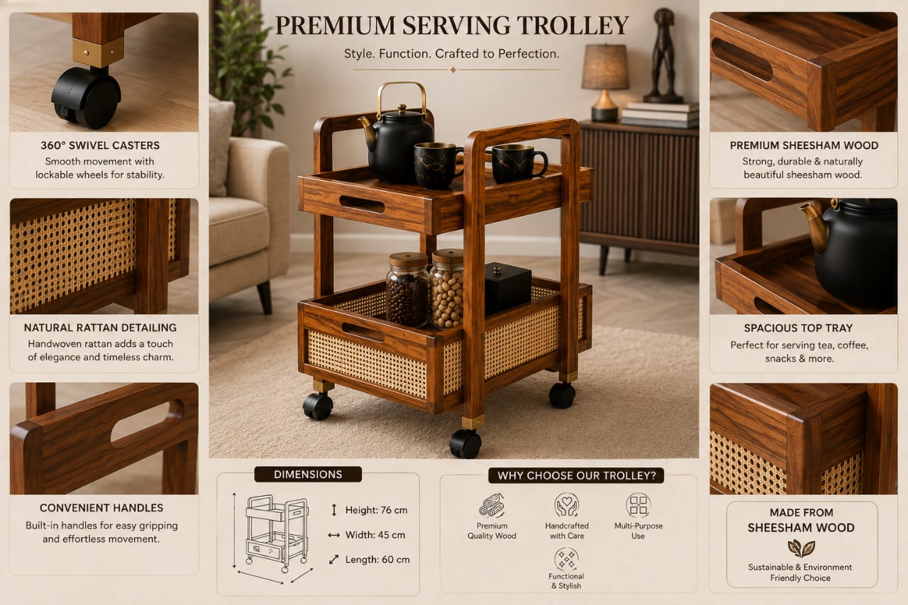 Solid Sheesham wood serving trolley with rattan accents, featuring two tiers for versatile storage and serving.