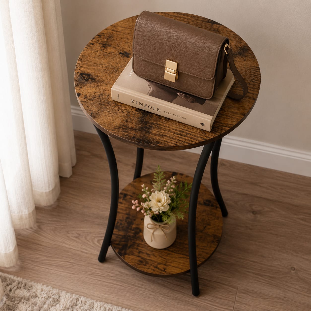 Rustic Round 2-Tier Wooden Side Table with Metal Frame | Plant Stand &amp; End Table