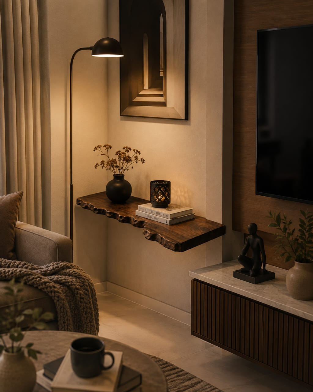 Solid sheesham wood floating wall shelf with live edge, 91cm length, crafted by Sellixpk Furniture Hub for a luxurious home decor.