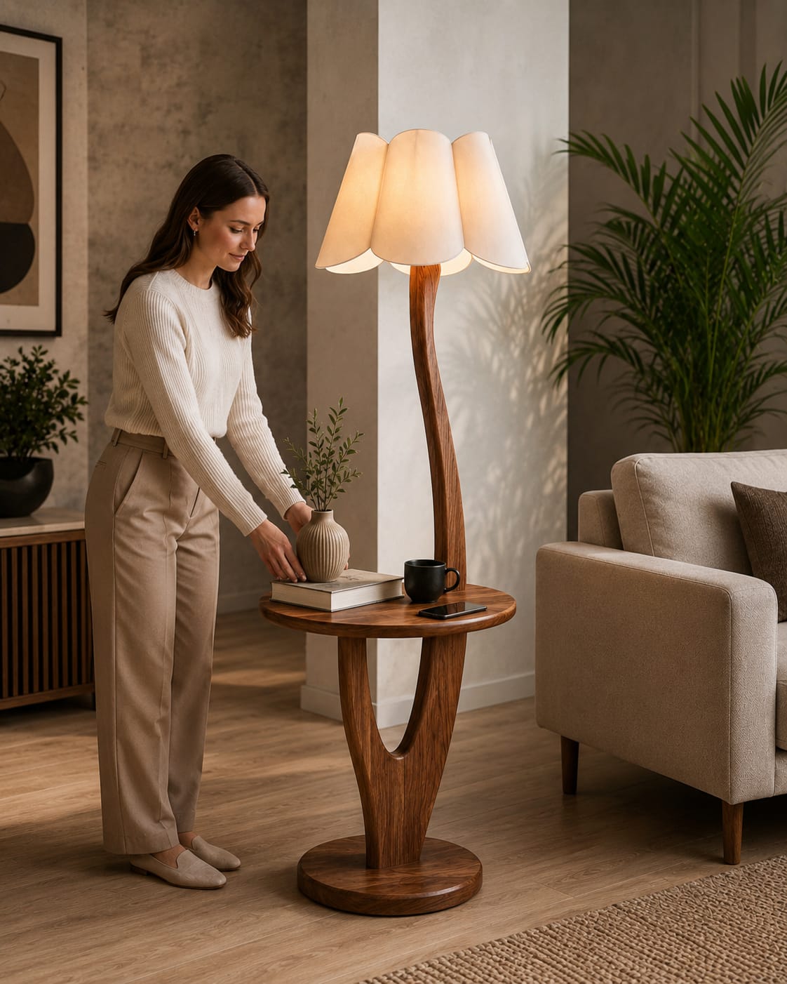 Modern Solid Wood Standing Lamp with Fabric Shade