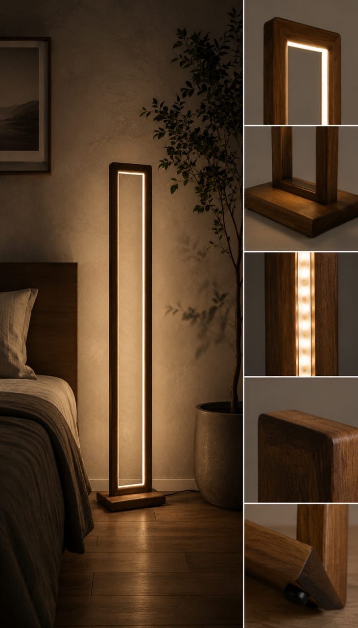 Modern LED wooden floor lamp made of solid Sheesham wood, 152cm tall, featuring a sleek design from Sellixpk Furniture Hub.