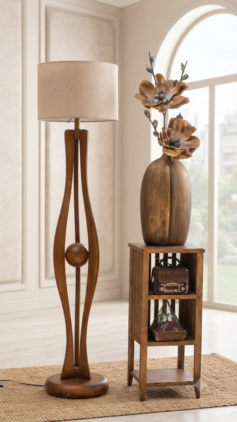Solid sheesham wood floor lamp stand, 139cm tall, modern luxury design from Sellixpk Furniture Hub, showcasing elegant wooden craftsmanship.
