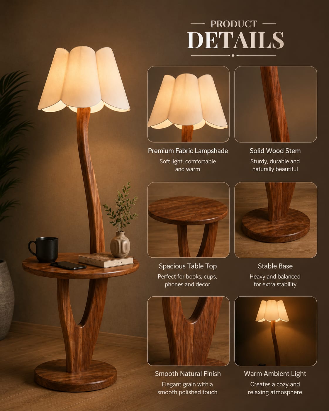 Modern Solid Wood Standing Lamp with Fabric Shade