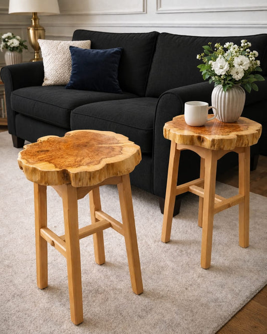 Set of two solid sheesham wood live edge side tables with natural oak finish, showcasing organic wood grain and contemporary design.