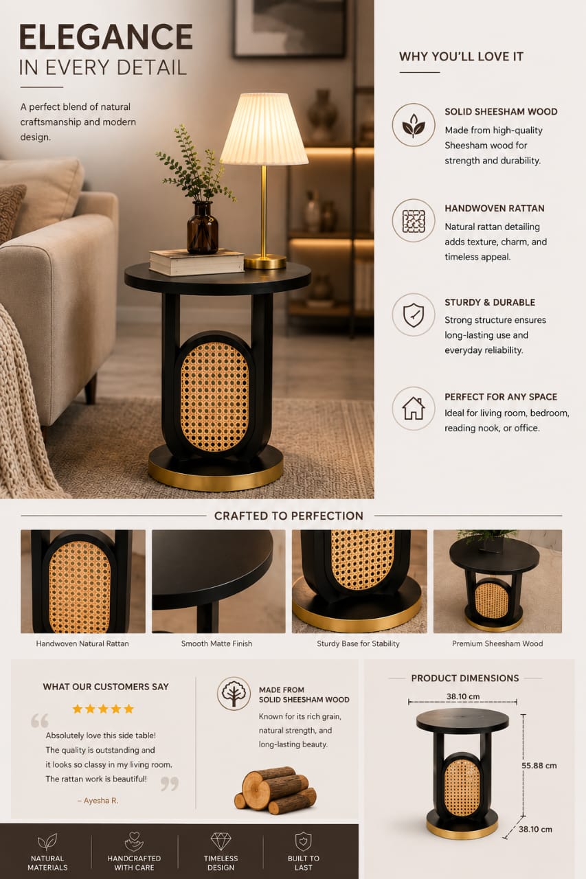 Luxury Sheesham wood side table with handwoven rattan design, showcasing intricate craftsmanship and natural wood finish.