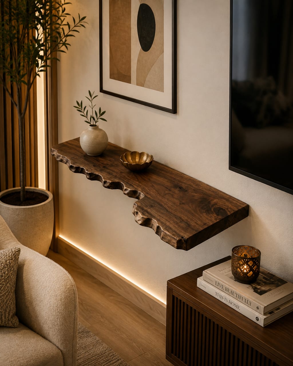 Solid Sheesham wood floating wall shelf with live edge, 91cm length, showcasing a natural wood grain and sleek design from Sellixpk Furniture Hub