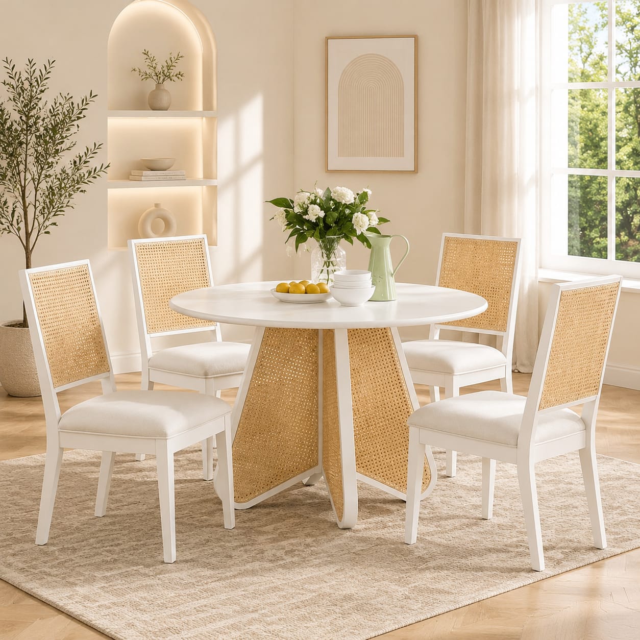 Modern Wooden Dining Table Set with Rattan Chairs