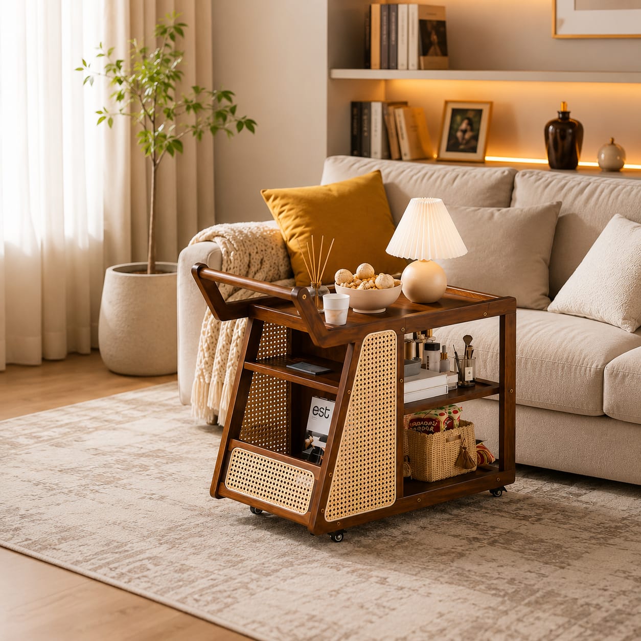 Premium Solid Sheesham Wood Serving Trolley with Rattan Storage