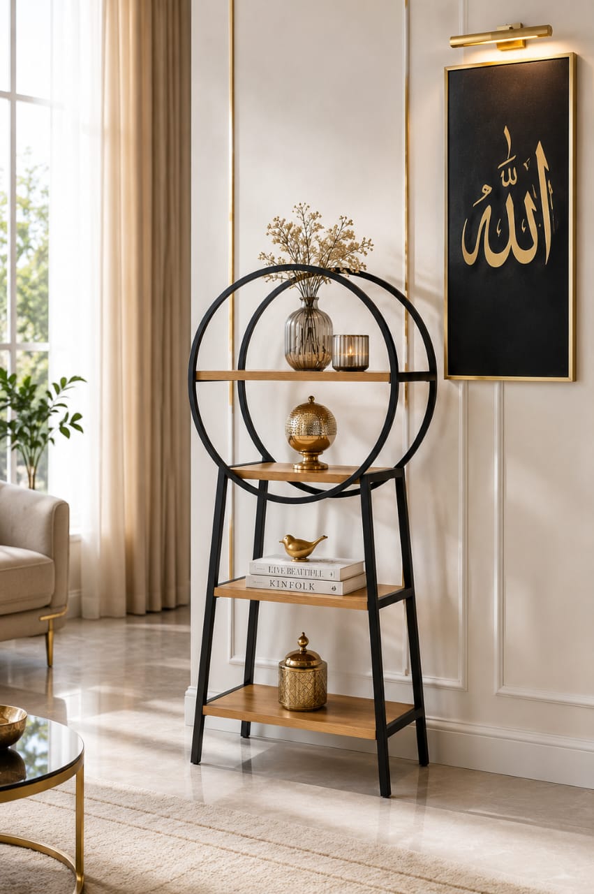 Modern round wooden shelf with metal frame from Sellixpk Furniture Hub, featuring display storage and stylish home organization.