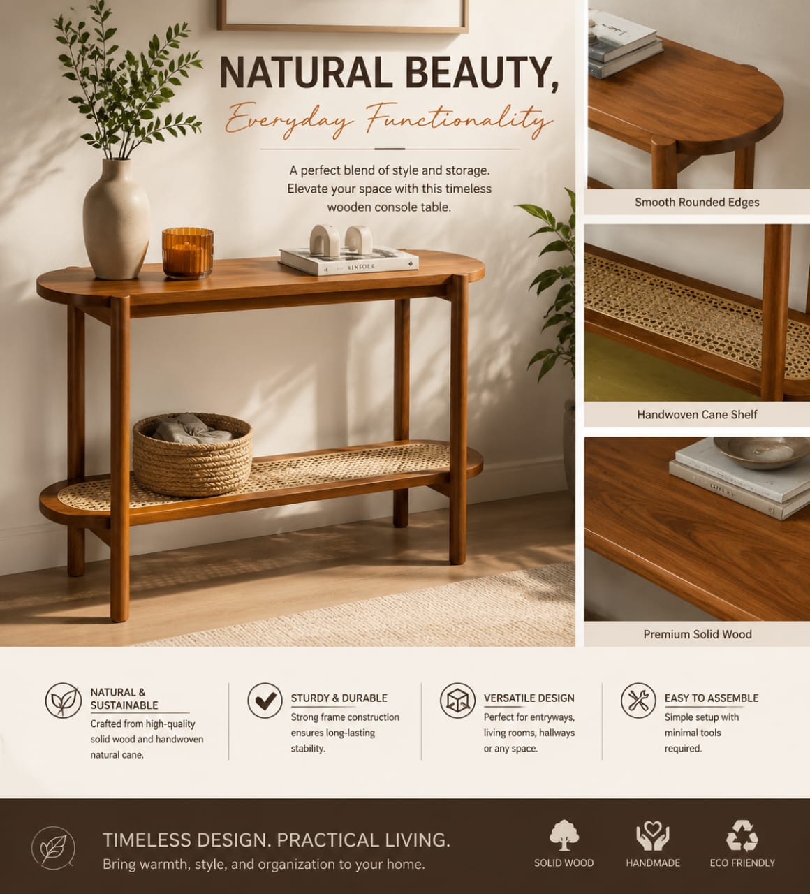 Premium Sheesham Wood Console Table with Handwoven Cane Shelf