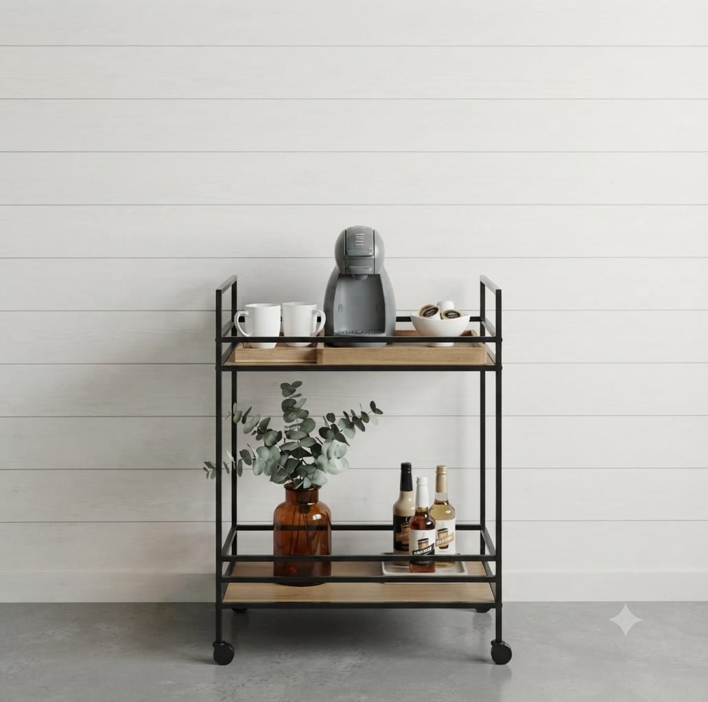 Industrial kitchen serving trolley cart with wood shelves, 60cm wide, featuring metal frame and multiple storage levels.