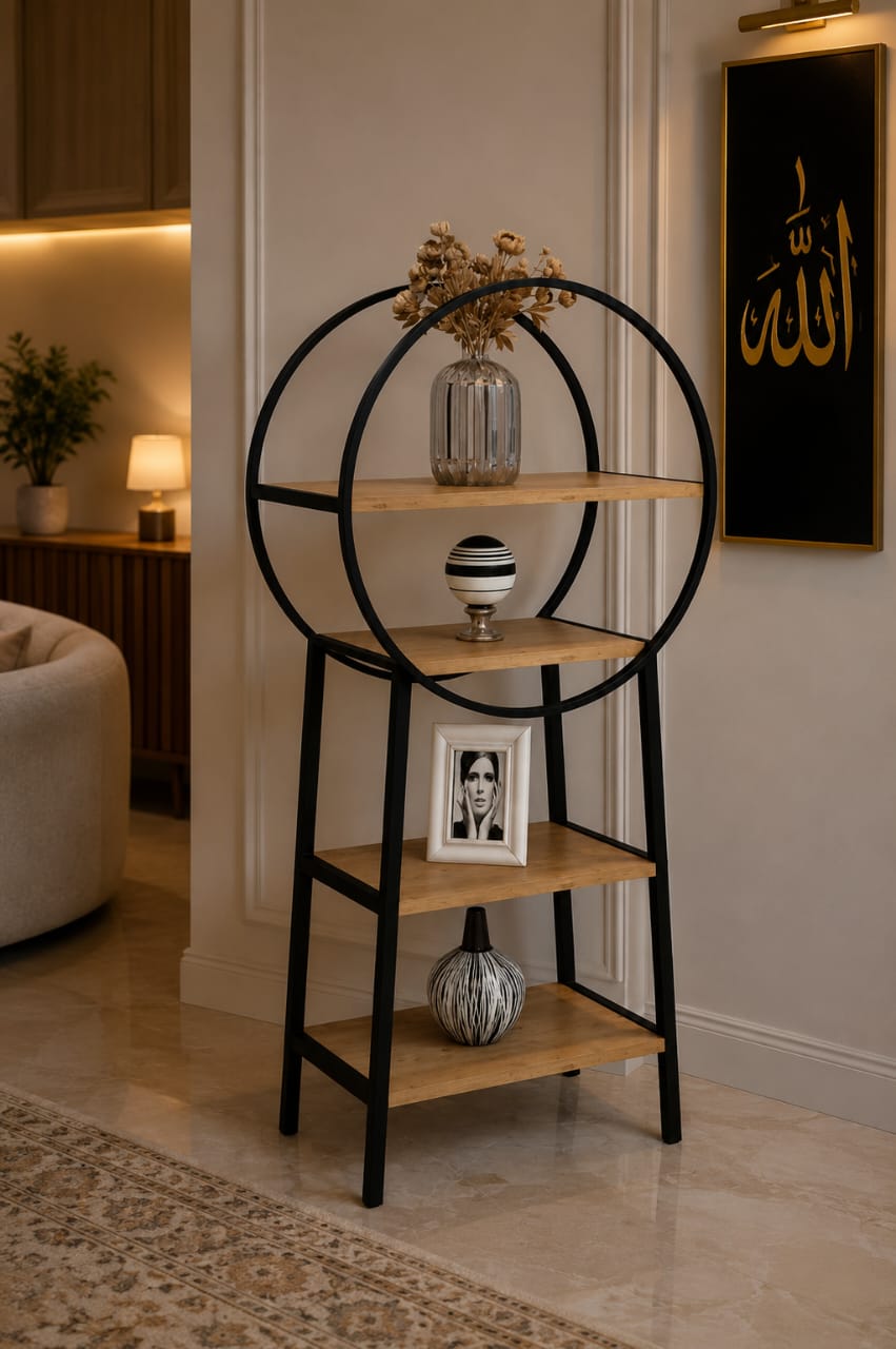 Modern round wooden shelf with metal frame and display storage, showcasing a stylish and functional wall-mounted furniture piece.