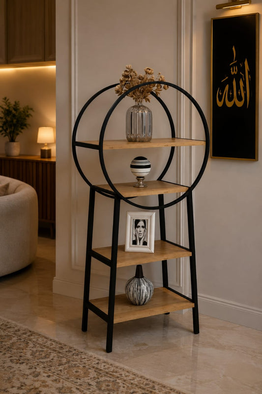 Modern round wooden shelf with metal frame and display storage, showcasing a stylish and functional wall-mounted furniture piece.