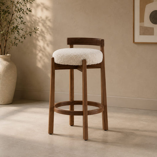 Sheesham wood upholstered bar stool with cushioned seat and backrest from Sellixpk Furniture Hub, showcasing natural wood grain and elegant design.