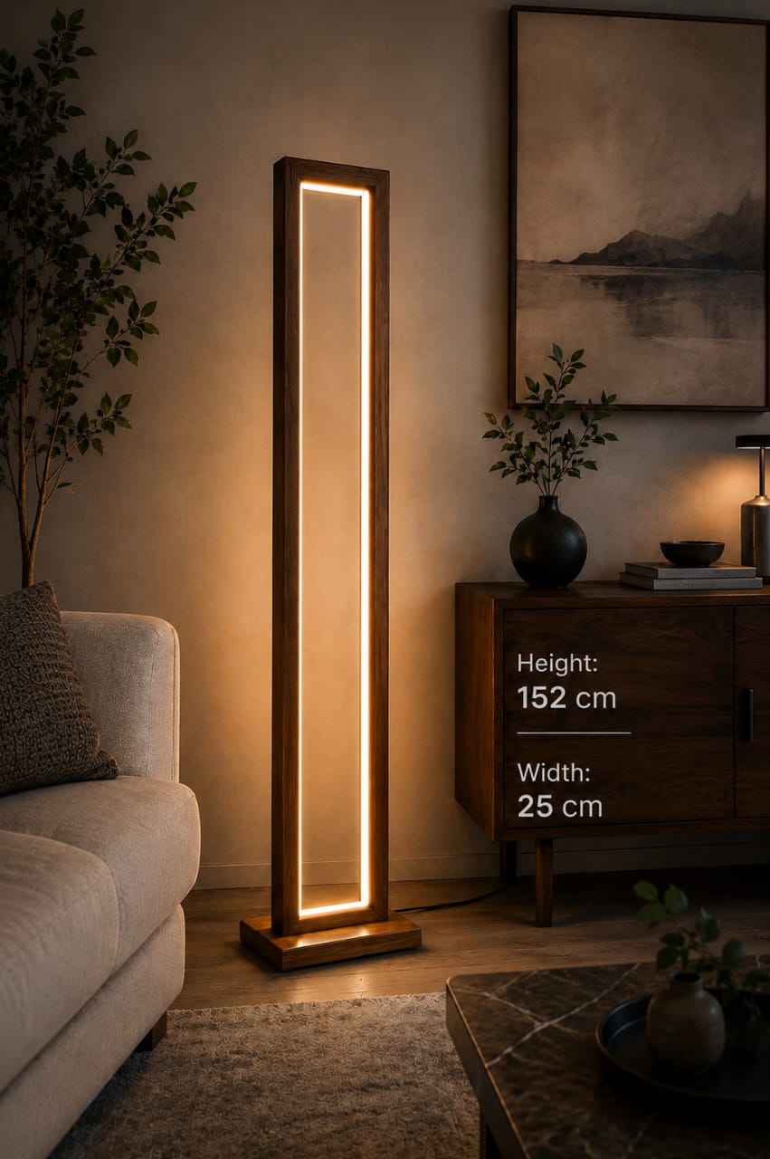 Modern LED wooden floor lamp made of solid Sheesham wood, 152cm tall, featuring a sleek design and warm lighting.