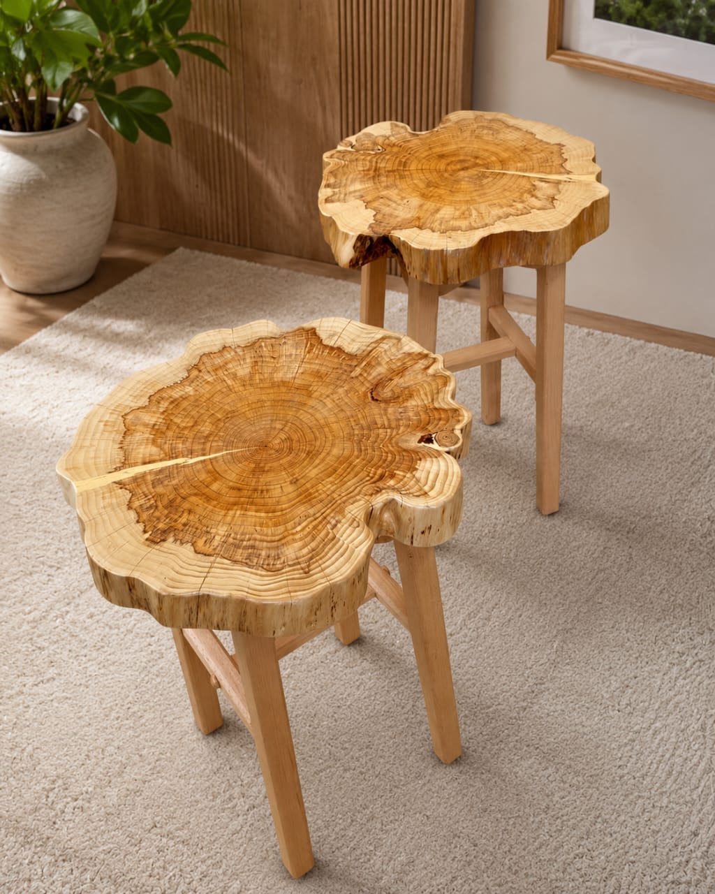 Pair of solid Sheesham wood live edge side tables with natural oak finish, showcasing rustic, handcrafted design from Sellixpk Furniture Hub.