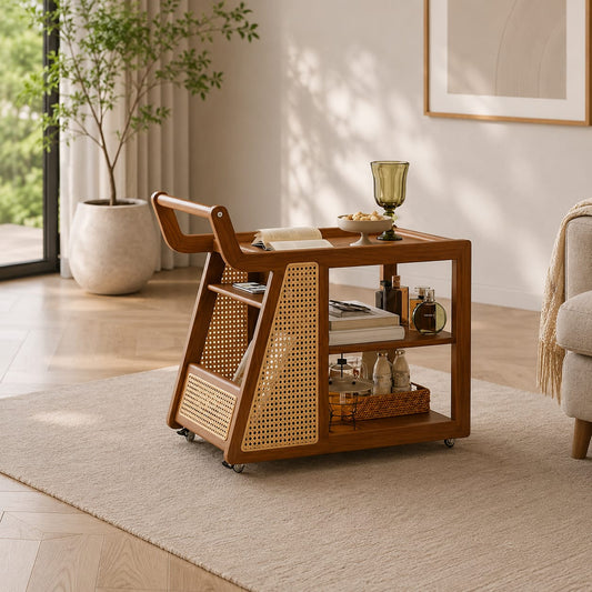 Solid sheesham wood serving trolley with rattan storage baskets, crafted by Sellixpk Furniture Hub for stylish home entertaining.