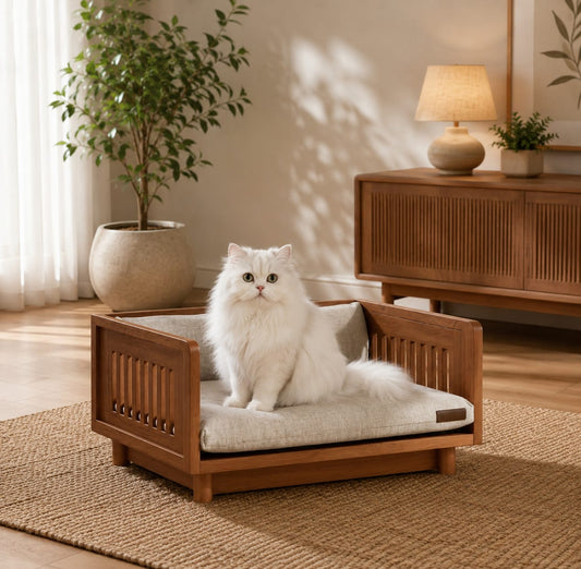 Solid Sheesham wood pet bed sofa for cats and small dogs, featuring a luxurious design and comfortable cushioning.