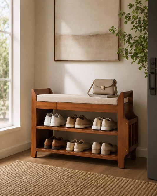 Sheesham wood shoe storage bench with cushioned top and storage compartments, crafted by Sellixpk Furniture Hub.