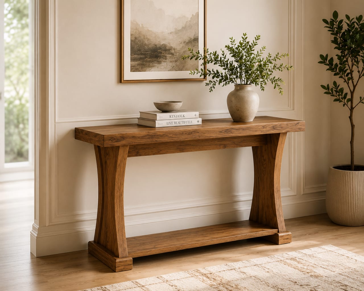 Solid Sheesham wood console table with lower display shelf, showcasing natural wood grain and sleek design from Sellixpk Furniture Hub.