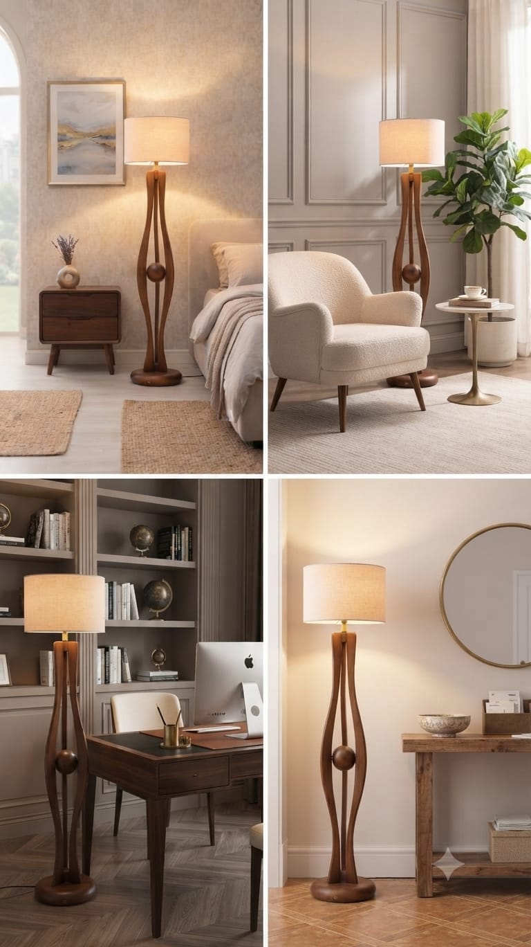Solid Sheesham wood floor lamp stand, 139cm tall, modern luxury design for home decor from Sellixpk Furniture Hub.