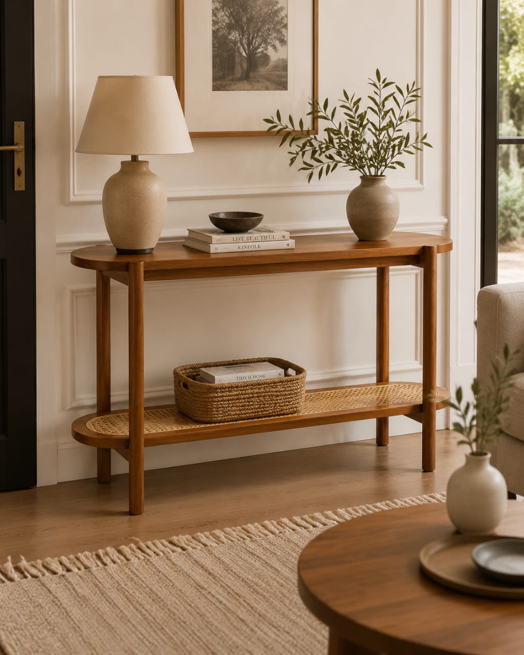 Premium Sheesham Wood Console Table with Handwoven Cane Shelf
